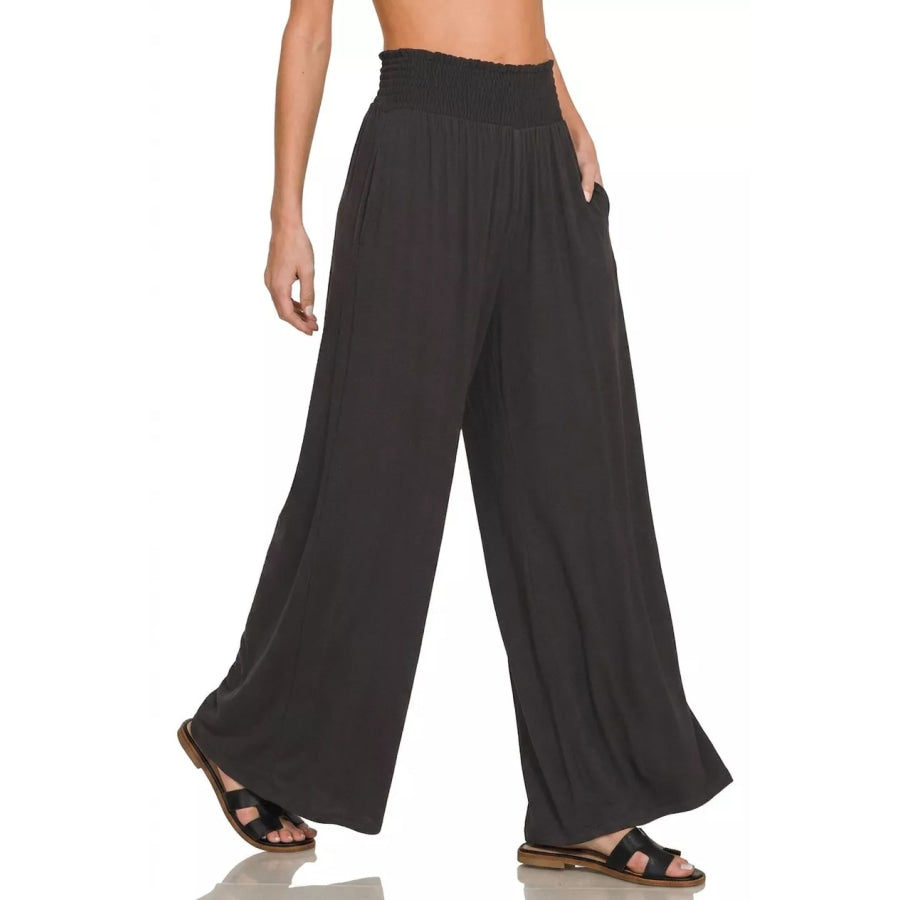 Zenana Smocked Waist Wide Leg Palazzo Pants BLACK / S Apparel and Accessories