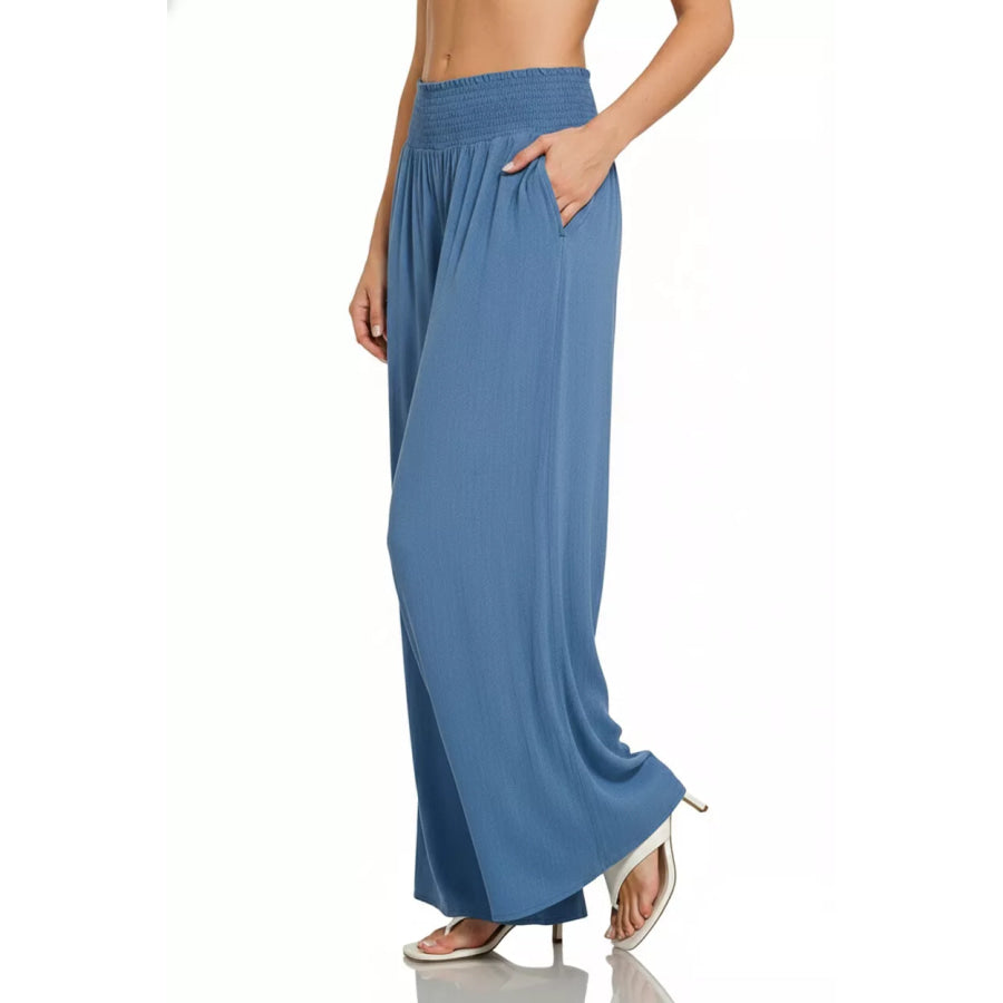 Zenana Smocked Waistband Wide Leg Lounge Pants DENIM / S Apparel and Accessories