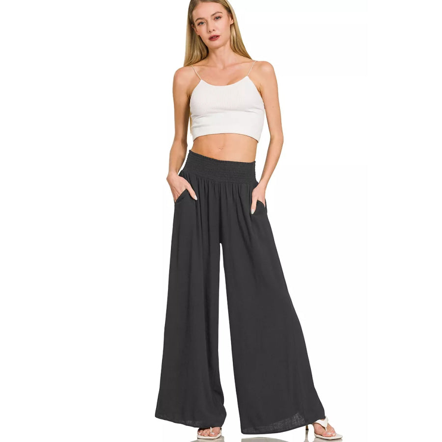 Zenana Smocked Waistband Wide Leg Lounge Pants Apparel and Accessories