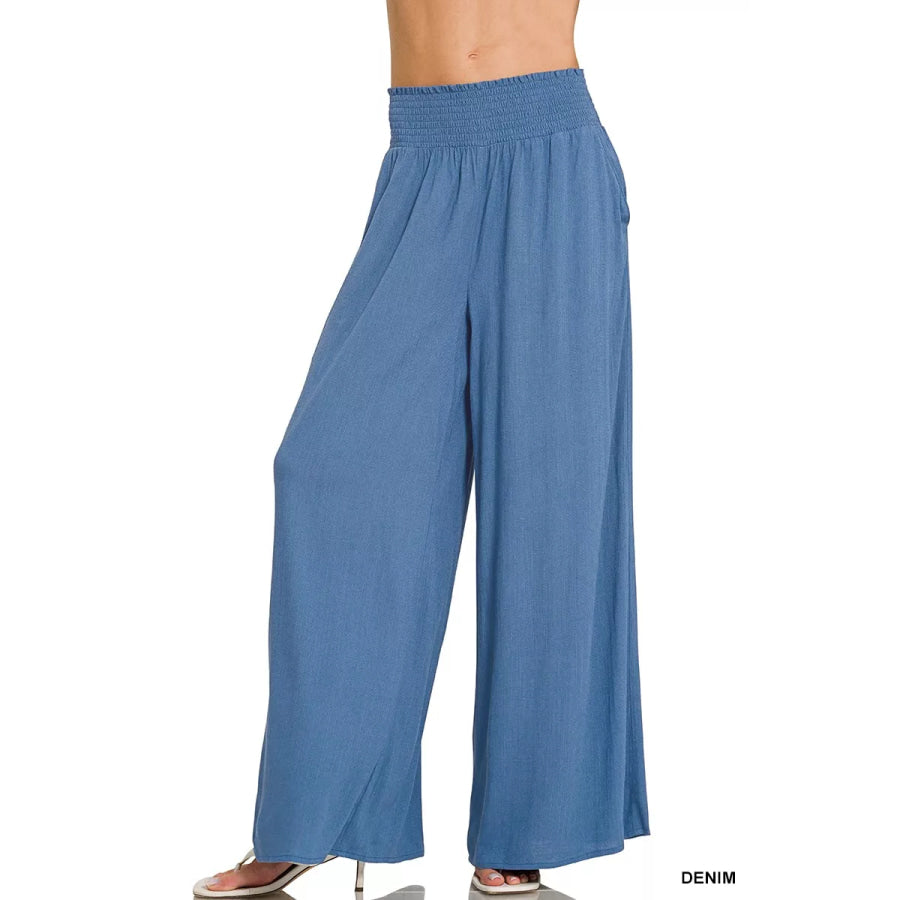 Zenana Smocked Waistband Wide Leg Lounge Pants DENIM / S Apparel and Accessories