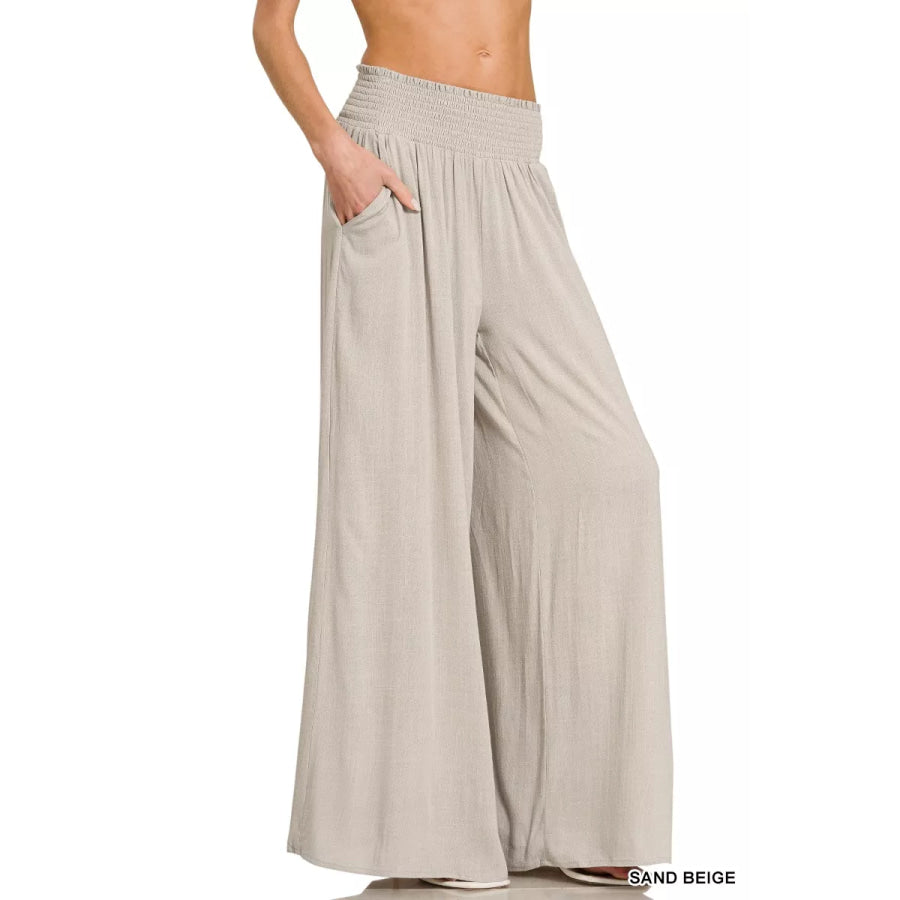 Zenana Smocked Waistband Wide Leg Lounge Pants SAND BEIGE / S Apparel and Accessories