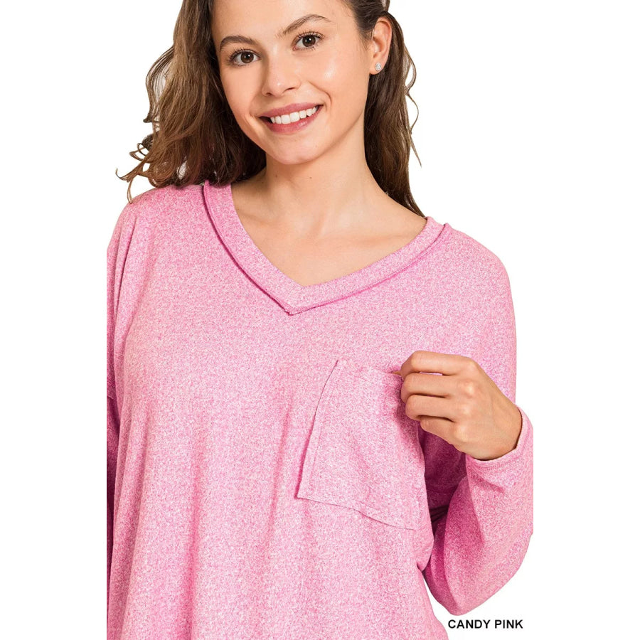 Zenana Soft Melange Hacci Exposed Seam Coin Pocket Tee CANDY PINK / S Apparel and Accessories