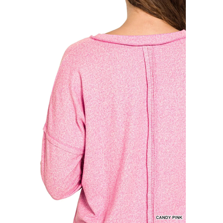 Zenana Soft Melange Hacci Exposed Seam Coin Pocket Tee Apparel and Accessories