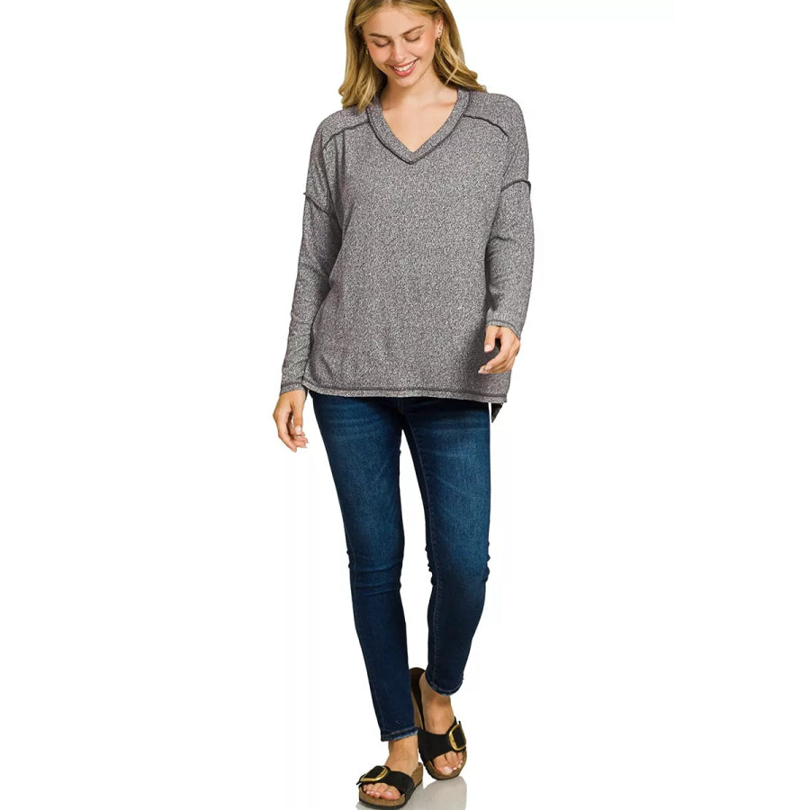 Zenana Soft Melange Hacci Exposed Seam Hi-low Tee Apparel and Accessories