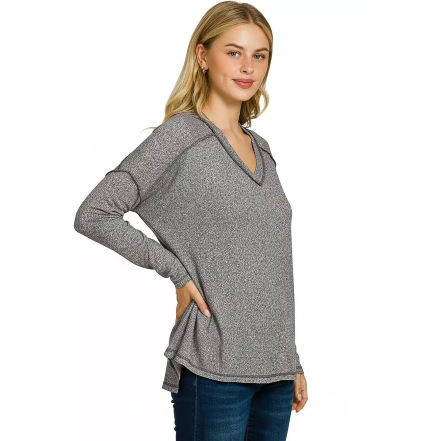 Zenana Soft Melange Hacci Exposed Seam Hi-low Tee Apparel and Accessories