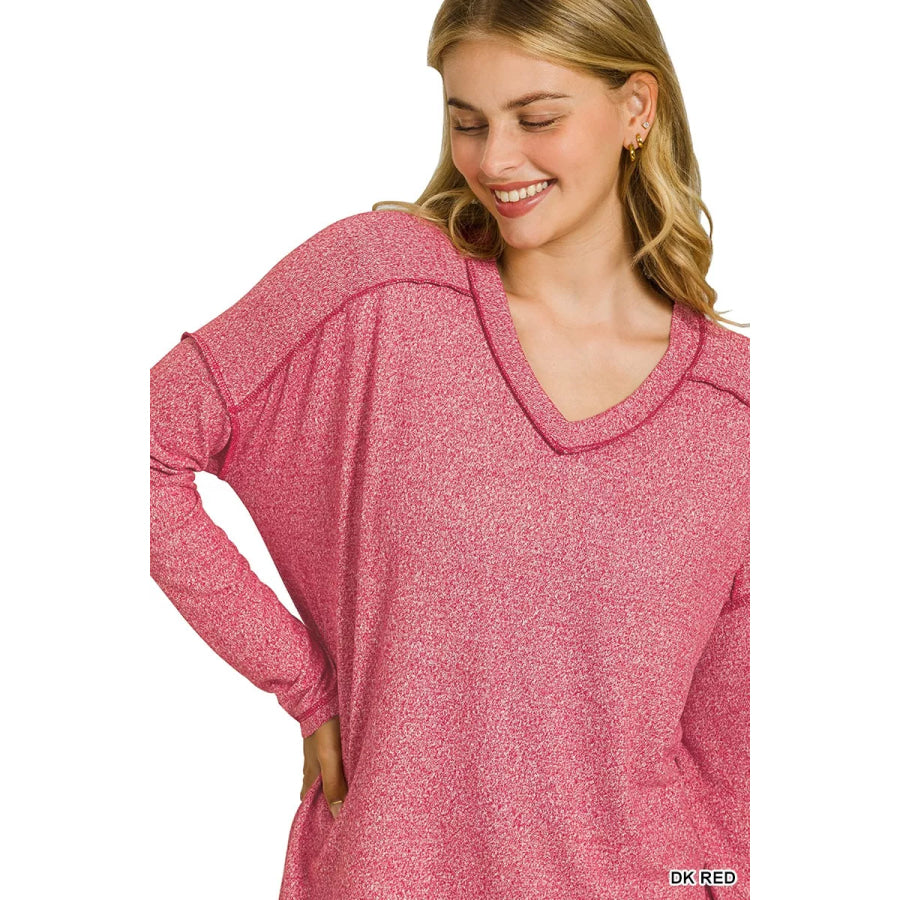 Zenana Soft Melange Hacci Exposed Seam Hi-low Tee DK RED / S/M Apparel and Accessories