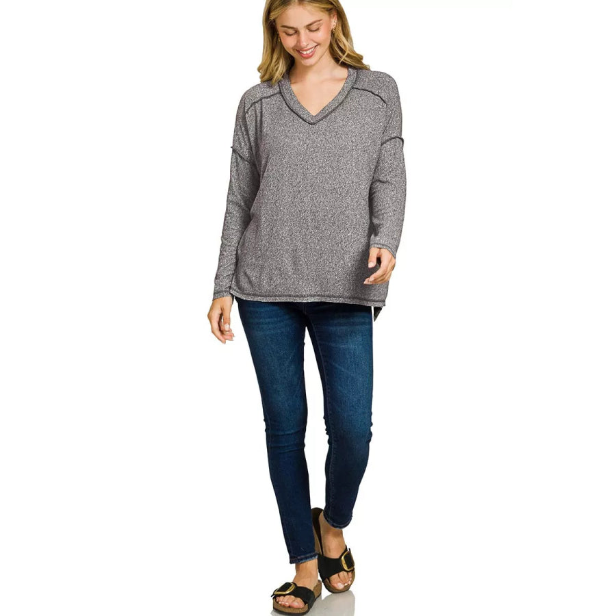 Zenana Soft Melange Hacci Exposed Seam Hi-low Tee Apparel and Accessories