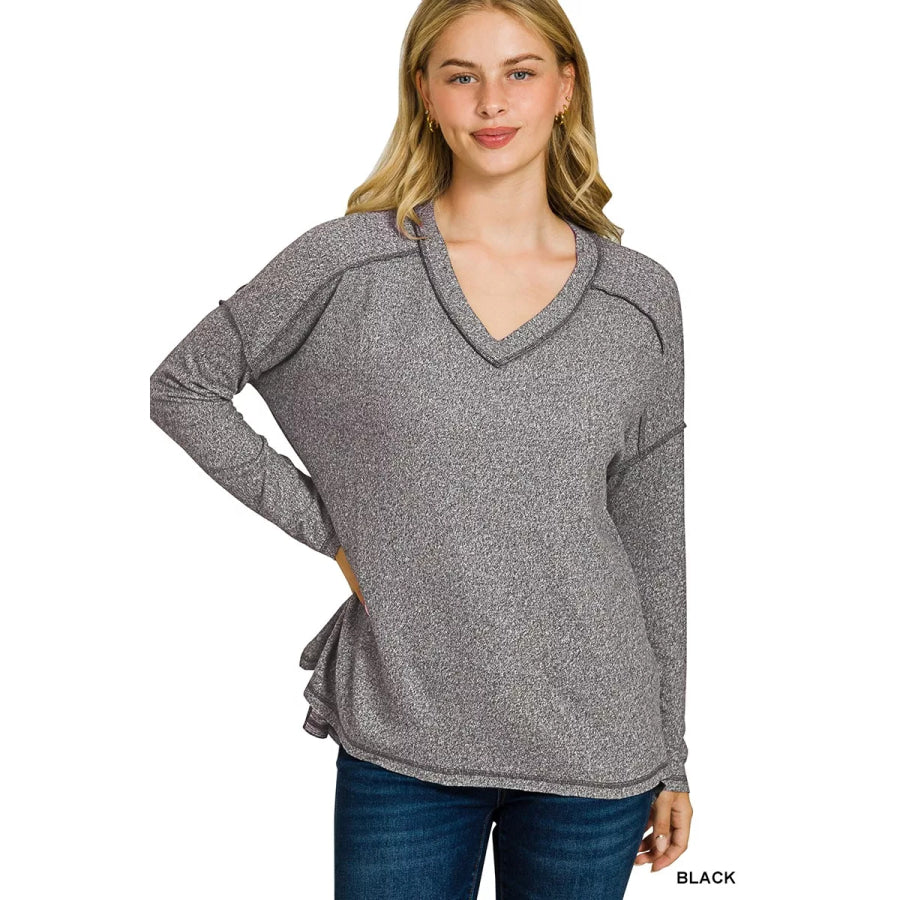 Zenana Soft Melange Hacci Exposed Seam Hi-low Tee BLACK / S/M Apparel and Accessories