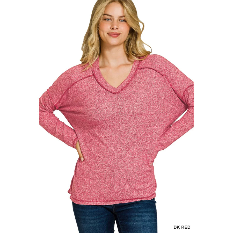 Zenana Soft Melange Hacci Exposed Seam Hi-low Tee DK RED / S/M Apparel and Accessories