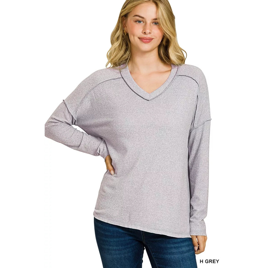 Zenana Soft Melange Hacci Exposed Seam Hi-low Tee H GREY / S/M Apparel and Accessories