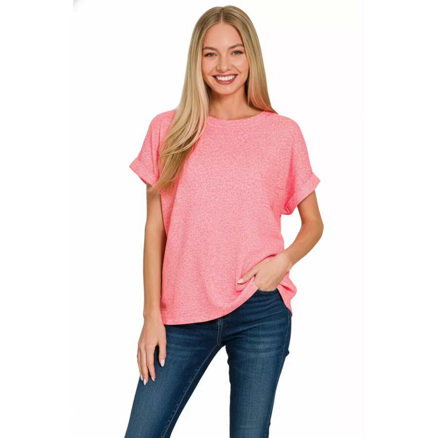 Zenana Soft Melange Hacci Short Sleeve Round Neck Top Apparel and Accessories