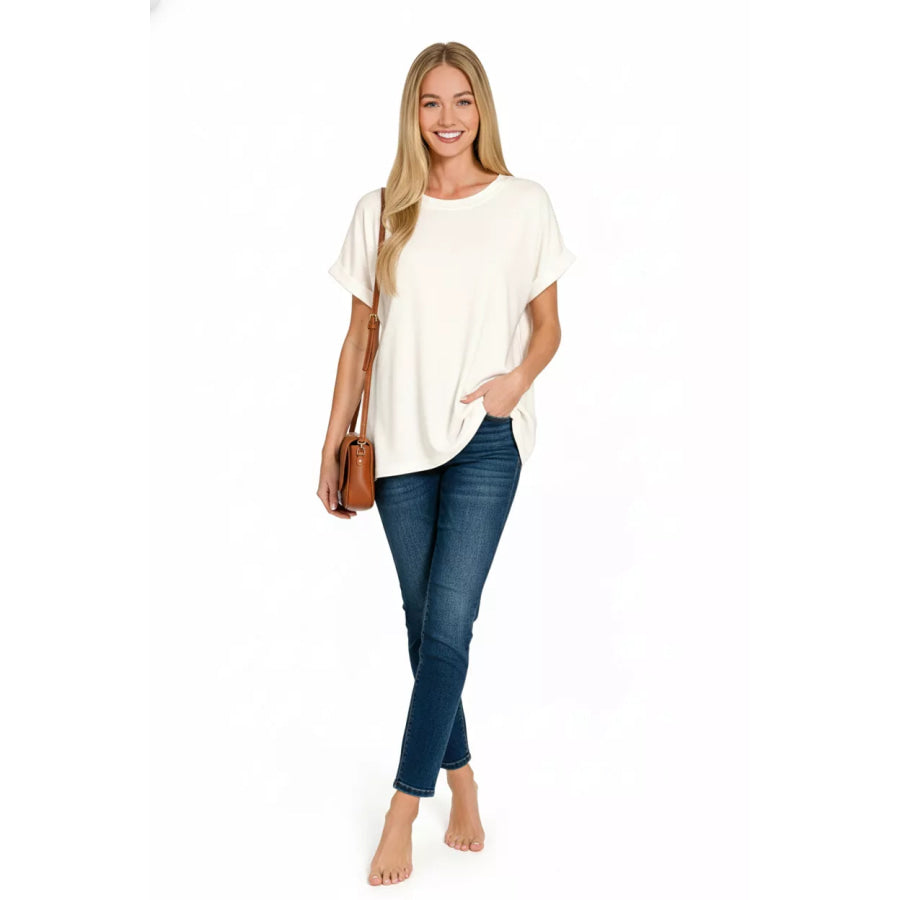 Zenana Soft Melange Hacci Short Sleeve Round Neck Top Apparel and Accessories