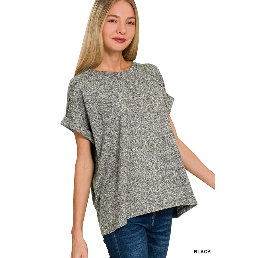 Zenana Soft Melange Hacci Short Sleeve Round Neck Top Apparel and Accessories