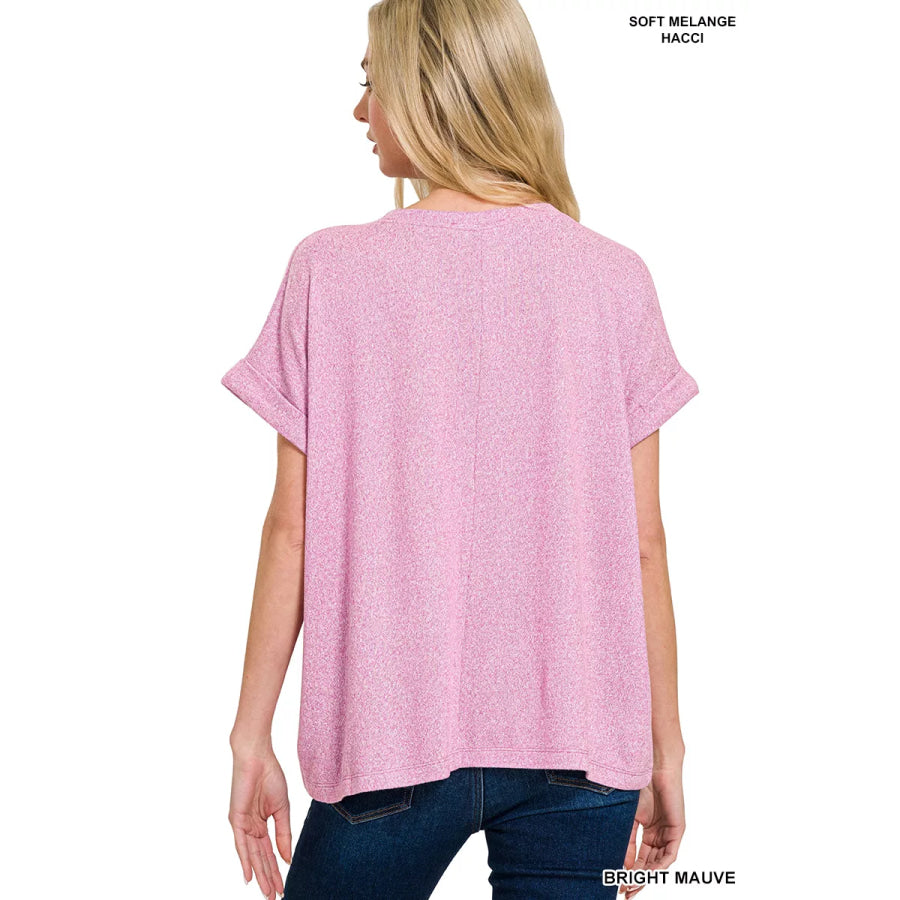 Zenana Soft Melange Hacci Short Sleeve Round Neck Top Apparel and Accessories