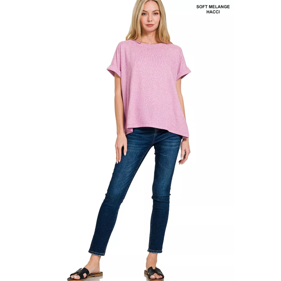 Zenana Soft Melange Hacci Short Sleeve Round Neck Top BRIGHT MAUVE / S Apparel and Accessories
