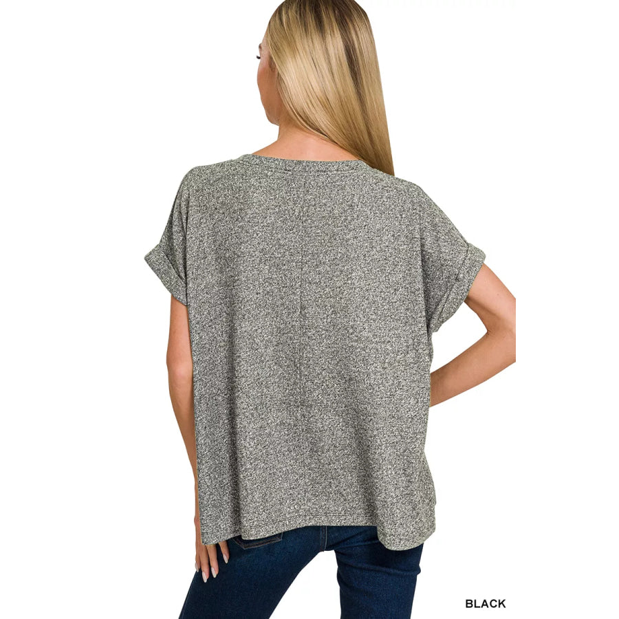 Zenana Soft Melange Hacci Short Sleeve Round Neck Top Apparel and Accessories
