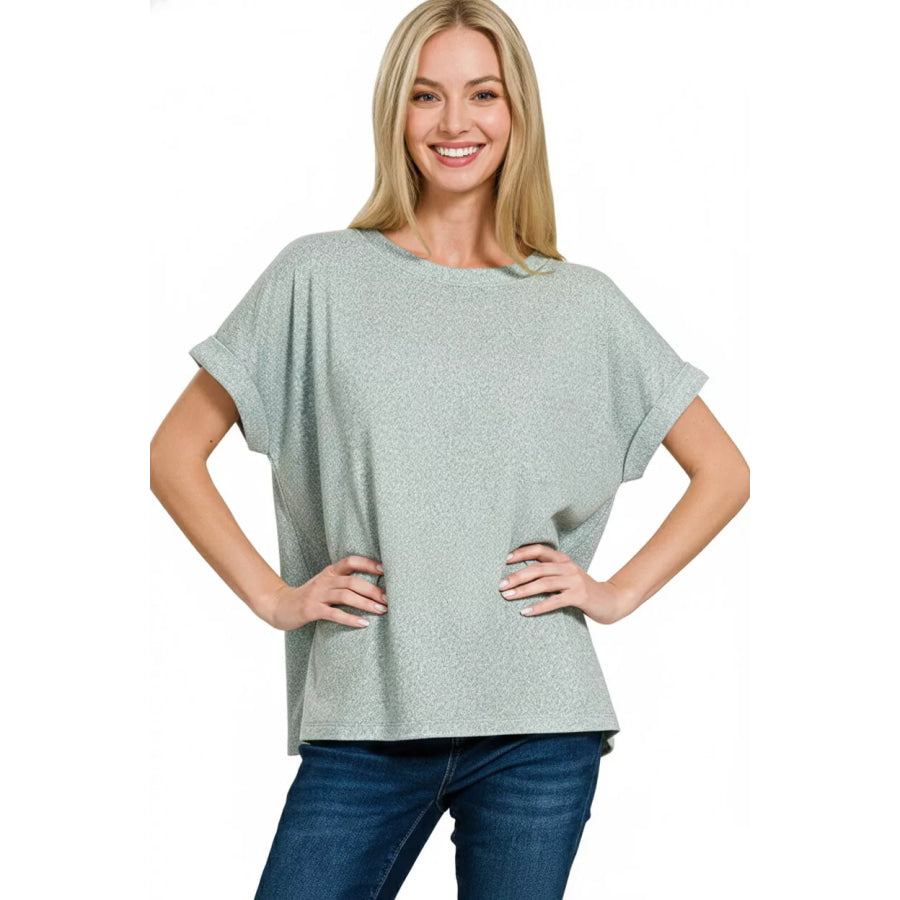 Zenana Soft Melange Hacci Short Sleeve Round Neck Top BLUE GREY / S Apparel and Accessories