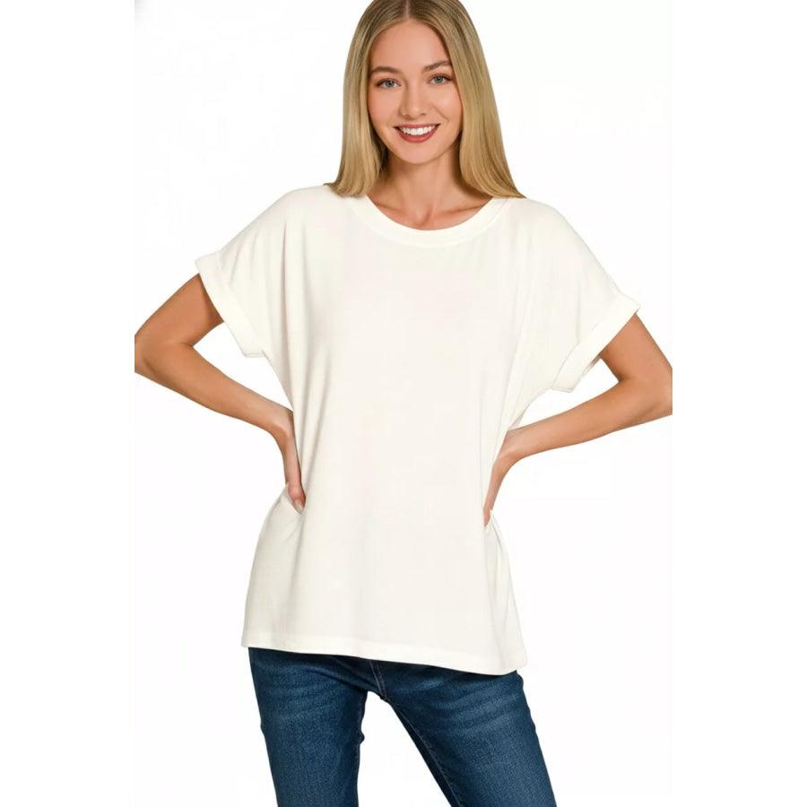 Zenana Soft Melange Hacci Short Sleeve Round Neck Top Apparel and Accessories