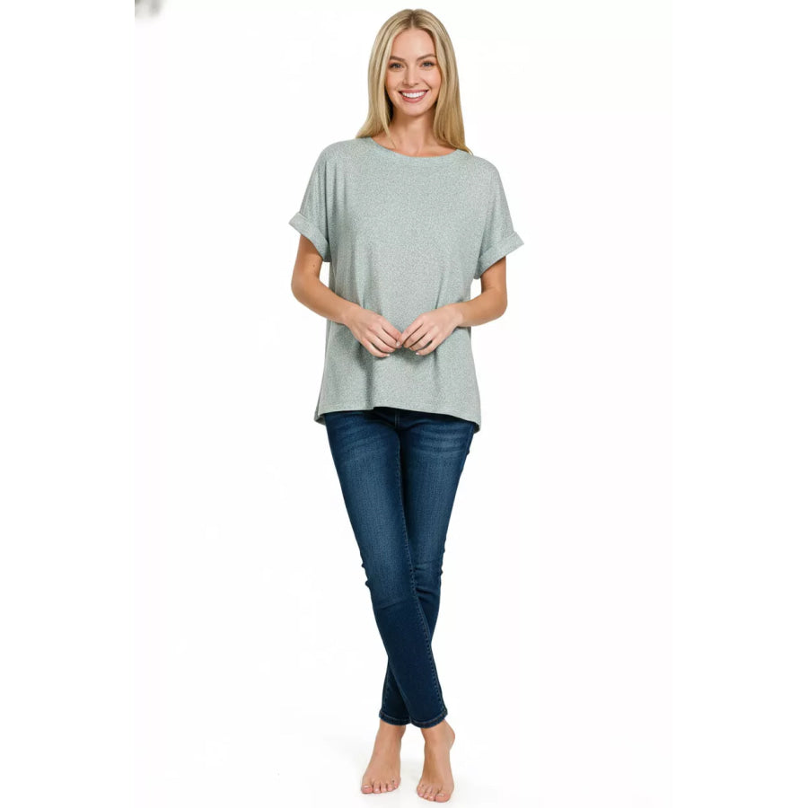 Zenana Soft Melange Hacci Short Sleeve Round Neck Top Apparel and Accessories