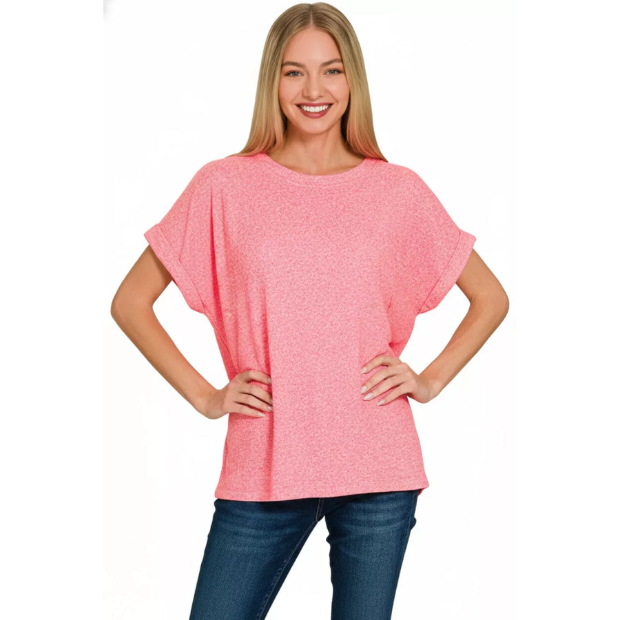 Zenana Soft Melange Hacci Short Sleeve Round Neck Top FUCHSIA / S Apparel and Accessories