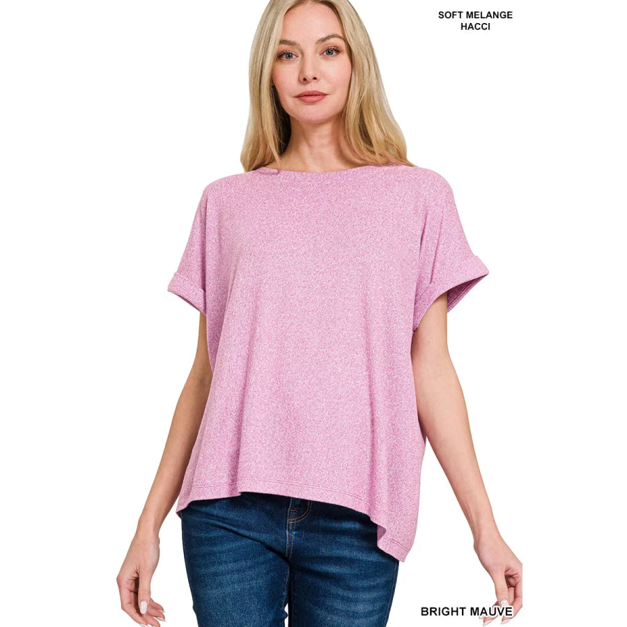Zenana Soft Melange Hacci Short Sleeve Round Neck Top Apparel and Accessories