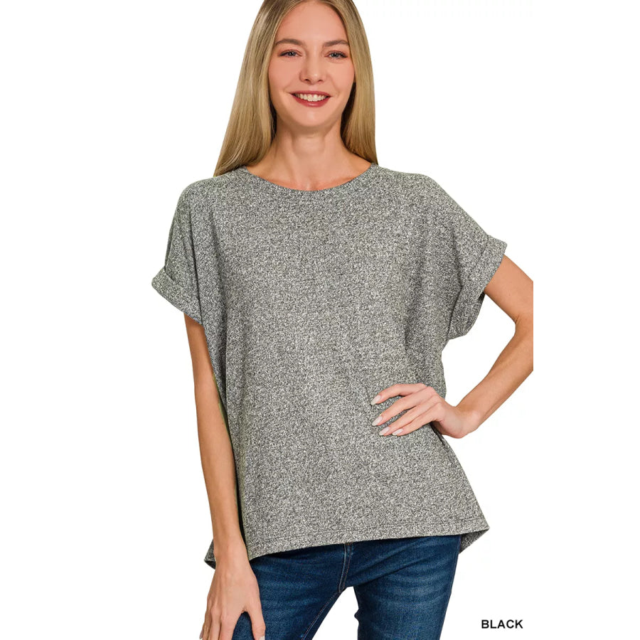 Zenana Soft Melange Hacci Short Sleeve Round Neck Top BLACK / S Apparel and Accessories