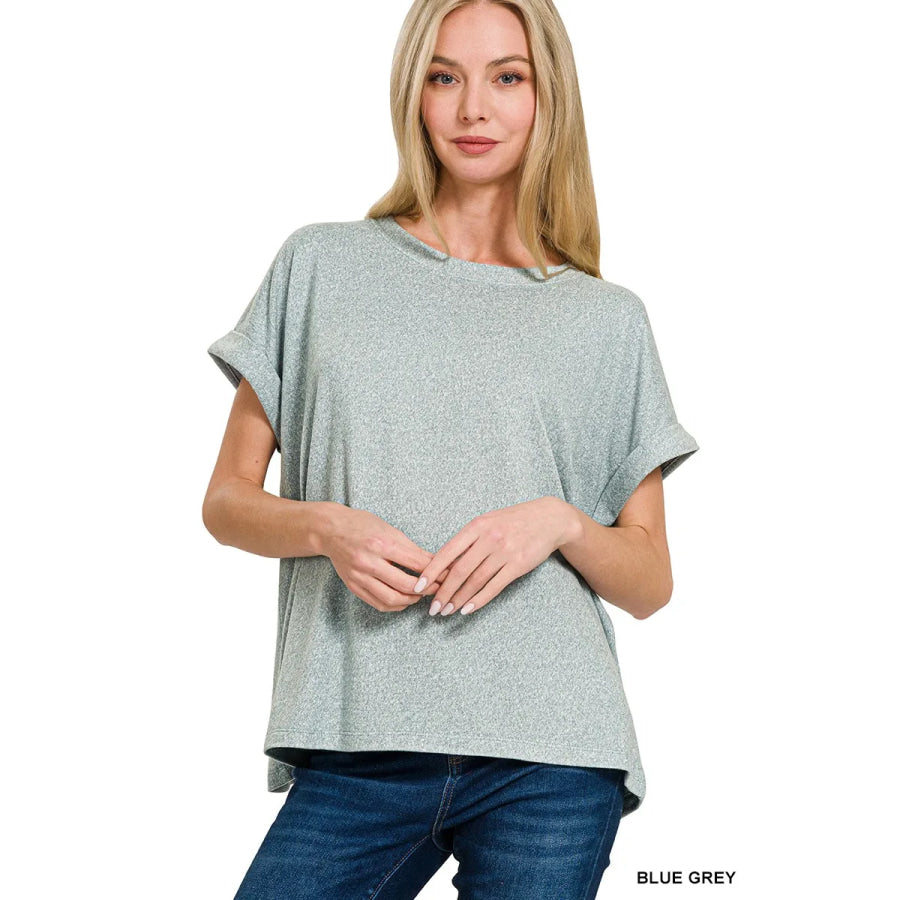 Zenana Soft Melange Hacci Short Sleeve Round Neck Top BLUE GREY / S Apparel and Accessories