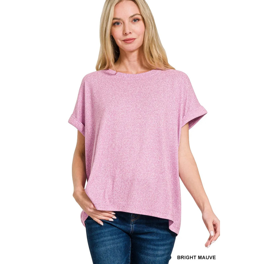 Zenana Soft Melange Hacci Short Sleeve Round Neck Top BRIGHT MAUVE / S Apparel and Accessories