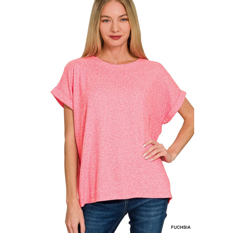 Zenana Soft Melange Hacci Short Sleeve Round Neck Top FUCHSIA / S Apparel and Accessories