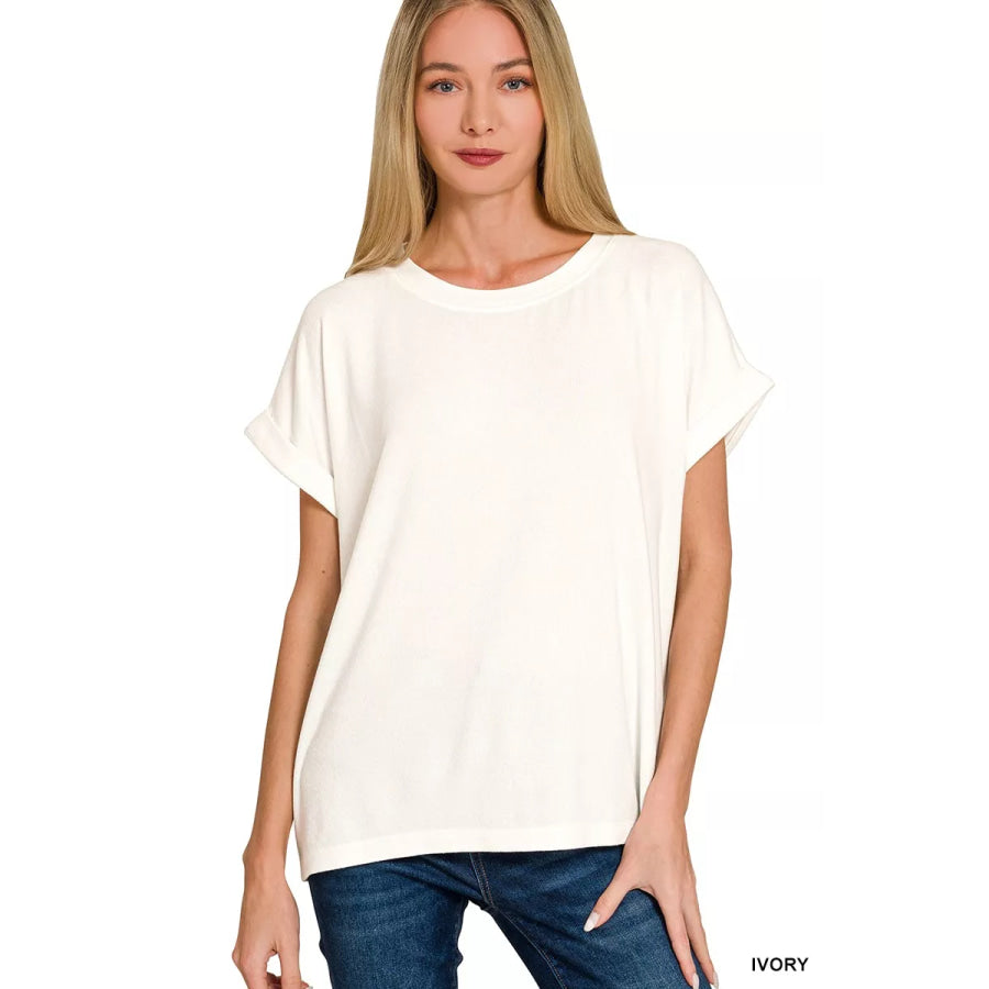 Zenana Soft Melange Hacci Short Sleeve Round Neck Top IVORY / S Apparel and Accessories