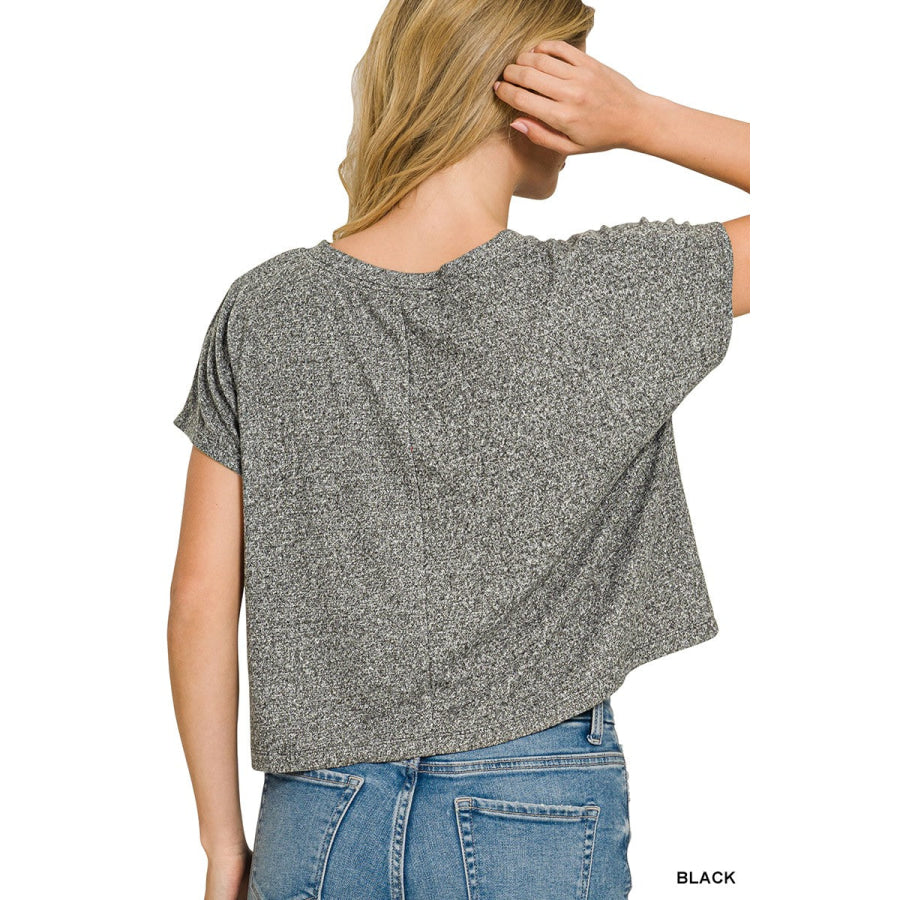 Zenana Soft Melange V-neck Drop Shoulder Cropped Top Apparel and Accessories
