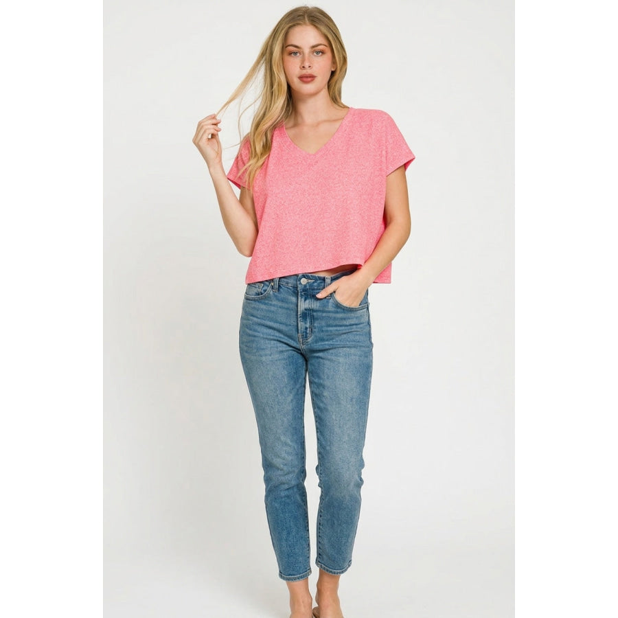 Zenana Soft Melange V-neck Drop Shoulder Cropped Top Apparel and Accessories