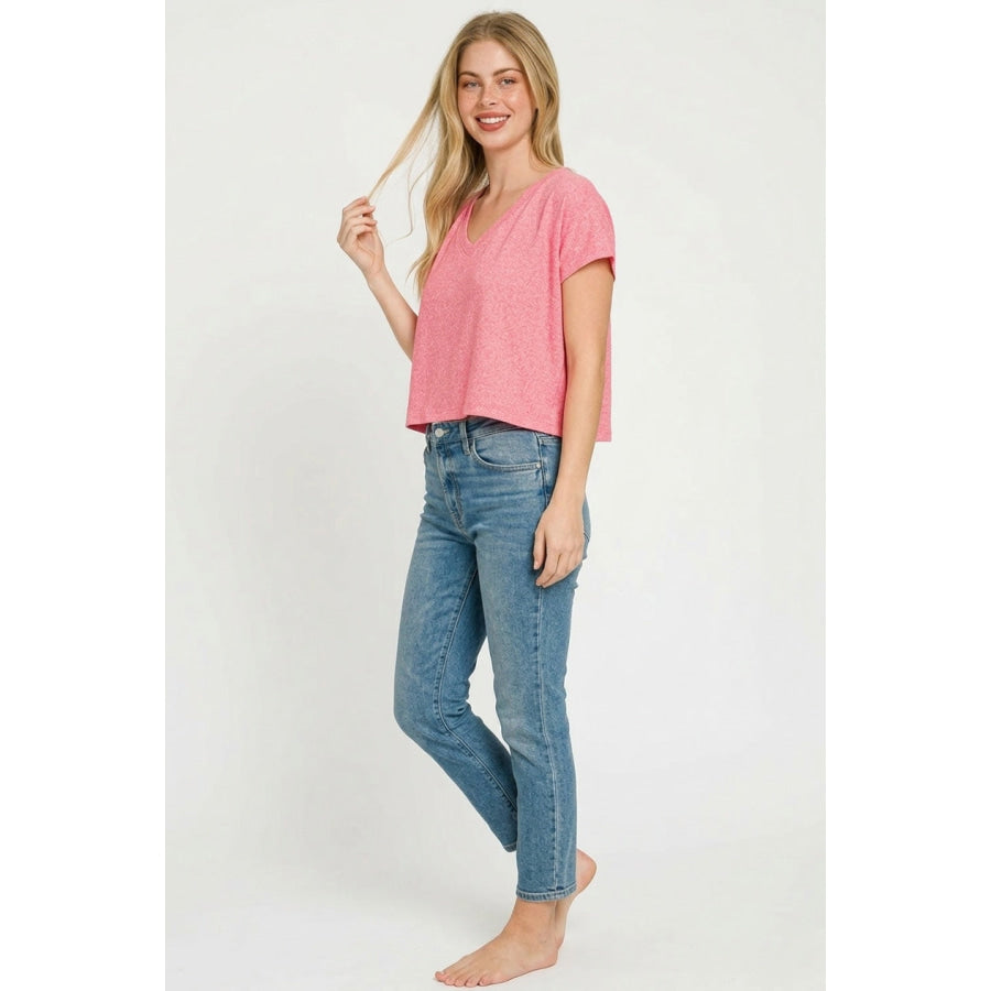 Zenana Soft Melange V-neck Drop Shoulder Cropped Top Apparel and Accessories
