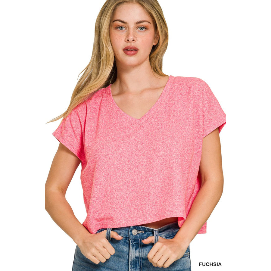 Zenana Soft Melange V-neck Drop Shoulder Cropped Top FUCHSIA / S Apparel and Accessories