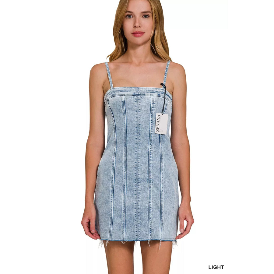 Zenana Spaghetti Strap Exposed Seam Light-Wash Dress Apparel and Accessories