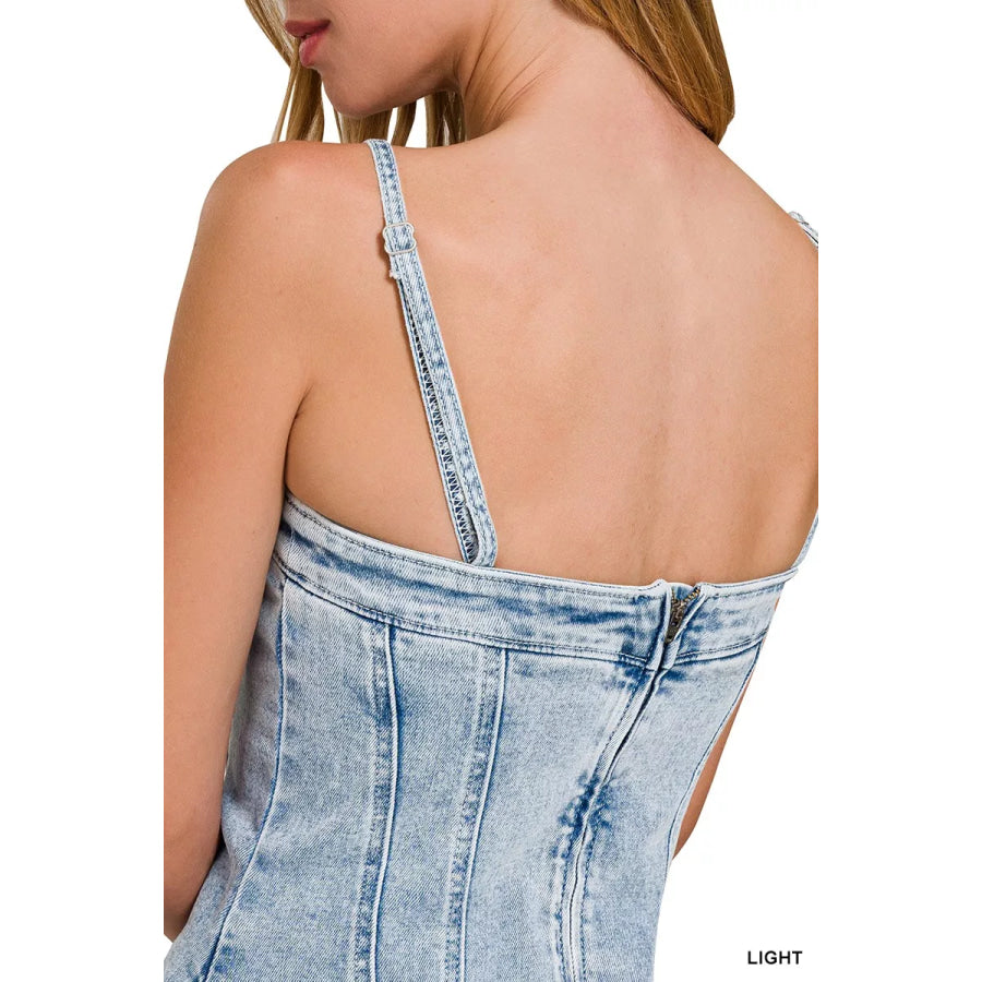 Zenana Spaghetti Strap Exposed Seam Light-Wash Dress Apparel and Accessories