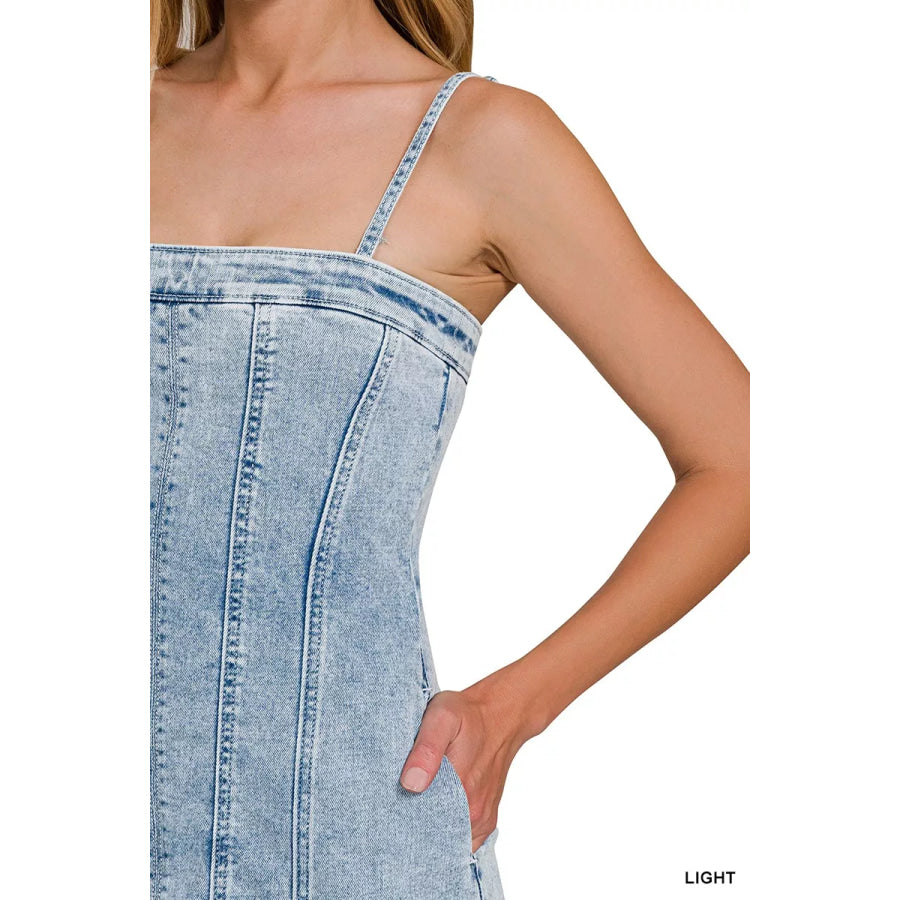 Zenana Spaghetti Strap Exposed Seam Light-Wash Dress Apparel and Accessories