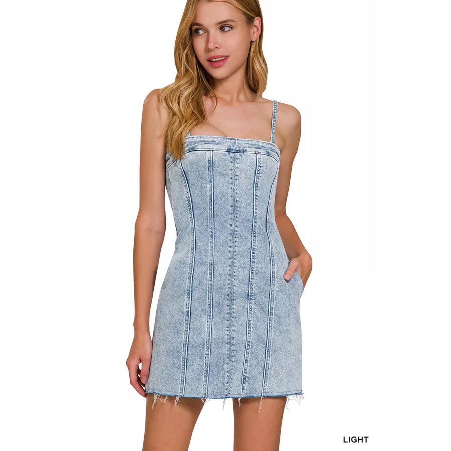Zenana Spaghetti Strap Exposed Seam Light-Wash Dress LIGHT / S Apparel and Accessories