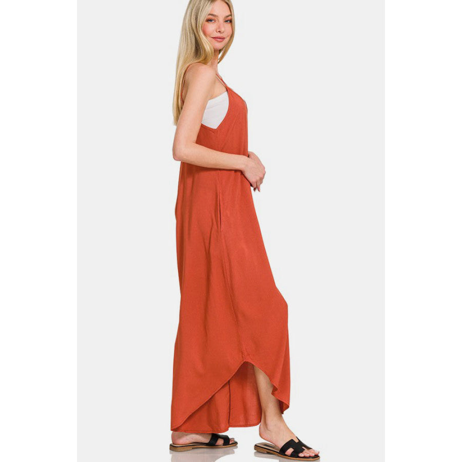 Zenana Spaghetti Strap Wide Leg Overalls with Pockets Apparel and Accessories