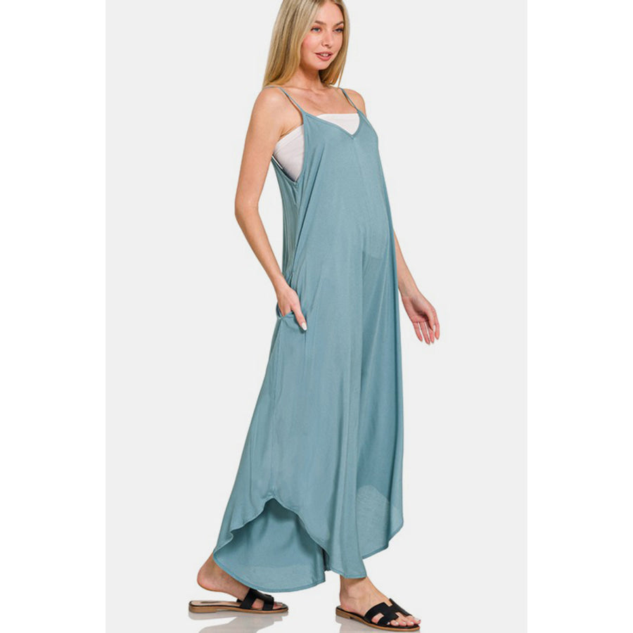 Zenana Spaghetti Strap Wide Leg Overalls with Pockets Apparel and Accessories