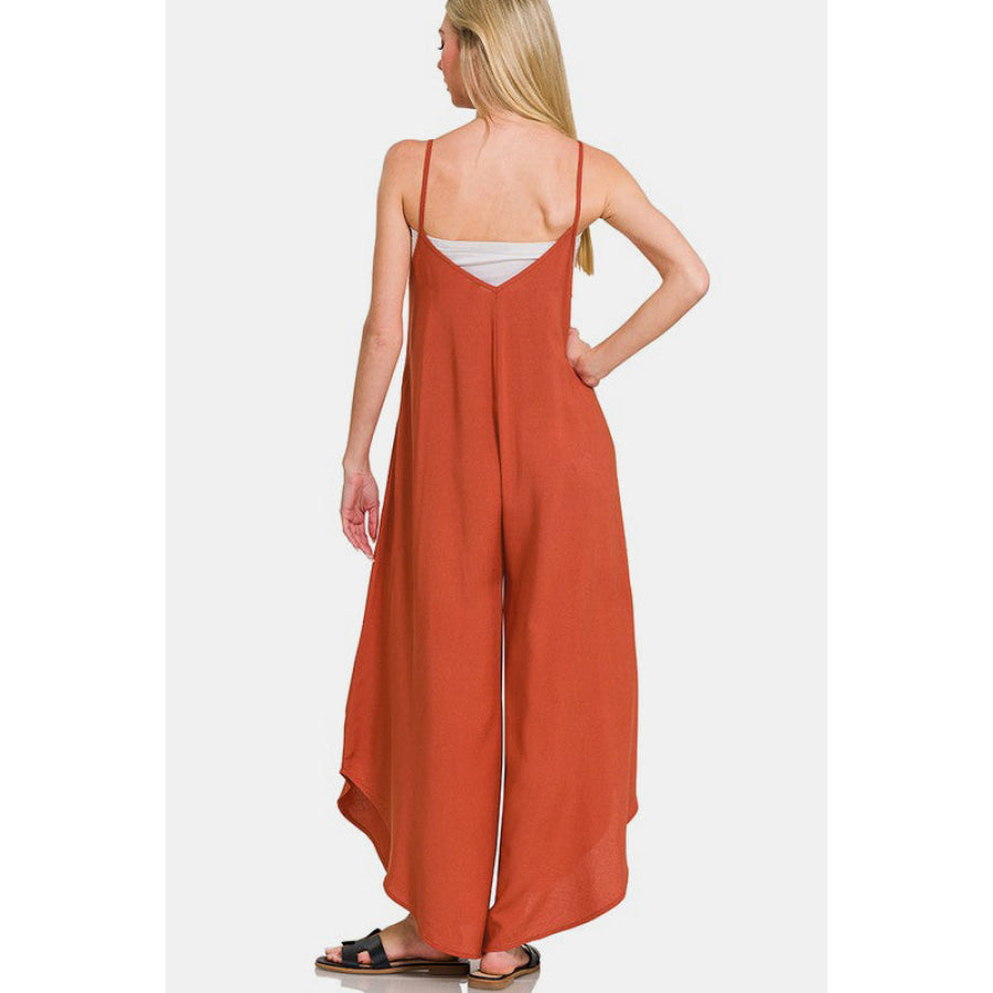 Zenana Spaghetti Strap Wide Leg Overalls with Pockets Apparel and Accessories