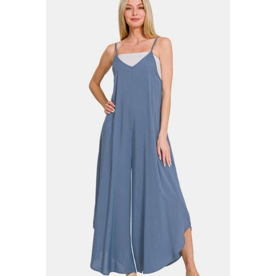 Zenana Spaghetti Strap Wide Leg Overalls with Pockets Apparel and Accessories