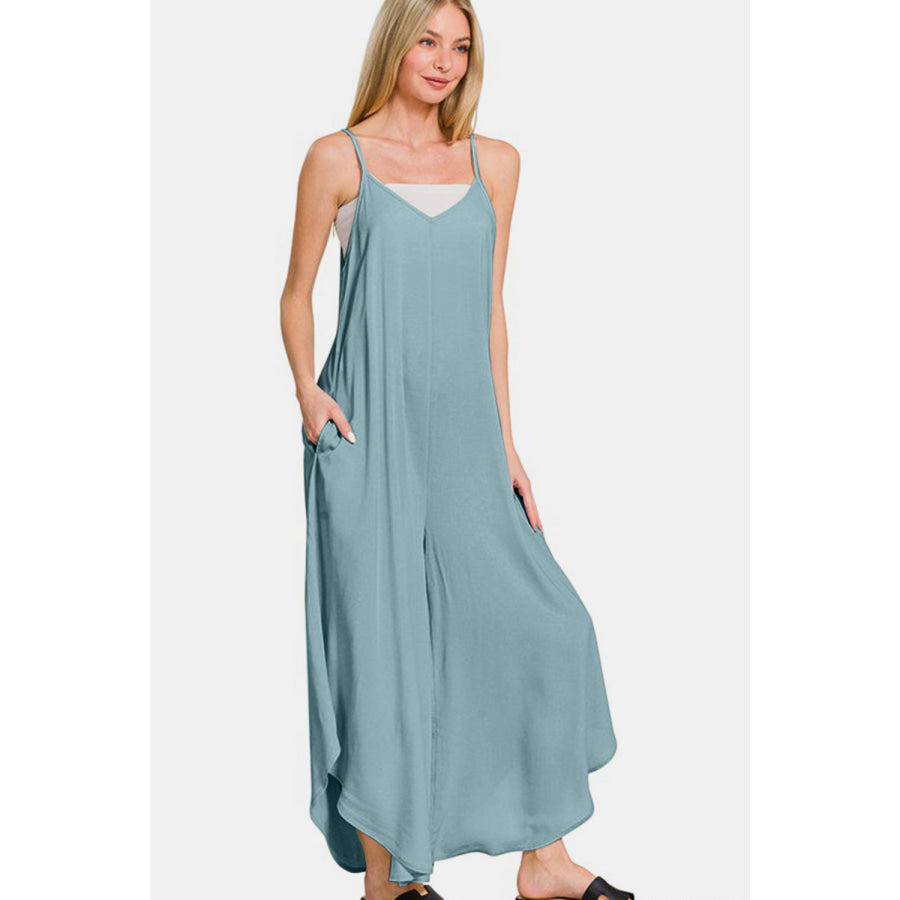 Zenana Spaghetti Strap Wide Leg Overalls with Pockets Apparel and Accessories