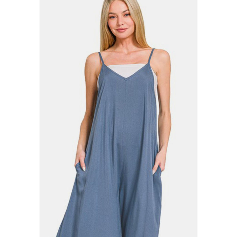 Zenana Spaghetti Strap Wide Leg Overalls with Pockets Apparel and Accessories