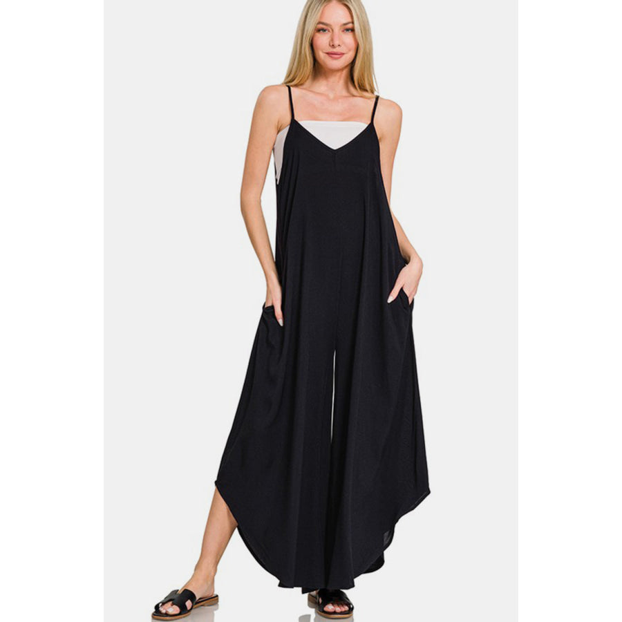 Zenana Spaghetti Strap Wide Leg Overalls with Pockets Black / S Apparel and Accessories