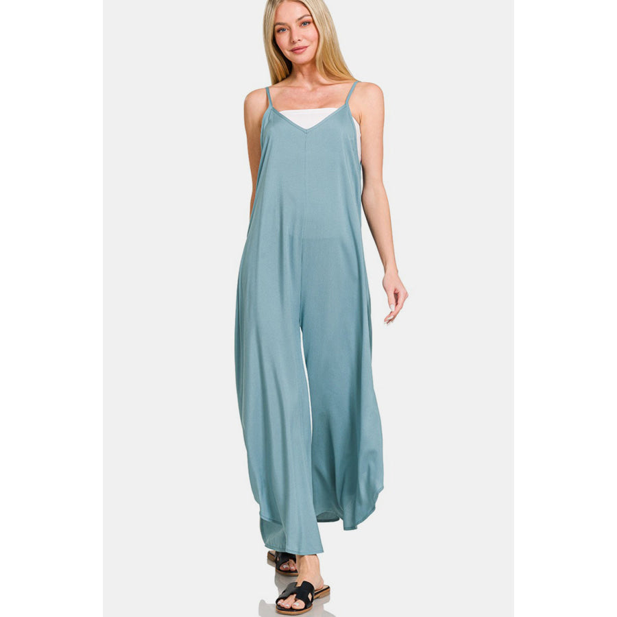 Zenana Spaghetti Strap Wide Leg Overalls with Pockets BLUE GREY / S Apparel and Accessories