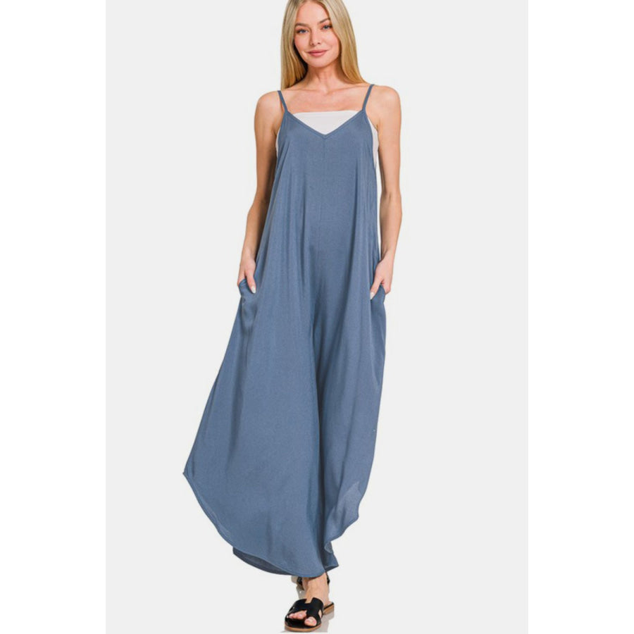 Zenana Spaghetti Strap Wide Leg Overalls with Pockets DUSTY BLUE / S Apparel and Accessories