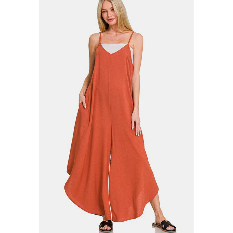 Zenana Spaghetti Strap Wide Leg Overalls with Pockets Rust / S Apparel and Accessories