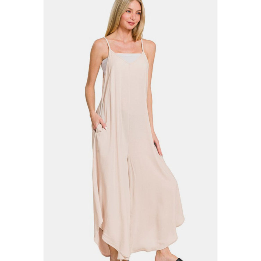 Zenana Spaghetti Strap Wide Leg Overalls with Pockets SAND BEIGE / S Apparel and Accessories