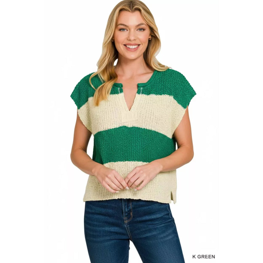 Zenana Split Neck Sleeveless Stripe Sweater Apparel and Accessories